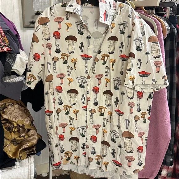 MUSHROOM PRINT SHORT SLEEVE BUTTON-UP SHIRT, OFF-WHITE m - Picture 4 of 4